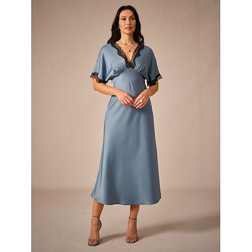 Femme Robe Maxi Robe Fourreau Elégant mode Mariage Soirée du quotidien Ample Couleur unie Manche Courte Col V Bleu Eté  Femme Robe Maxi Robe Fourreau Elégant mode Mariage Soirée du quotidien Ample Couleur unie Manche Courte Col V Bleu Eté