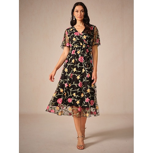  Damen Midikleid schwarzes kleid Elegant Stilvoll Party kleid hochzeitsgast Verabredung Lockere Passform Blumen Kurzarm V Ausschnitt Schwarz Sommer Frühling