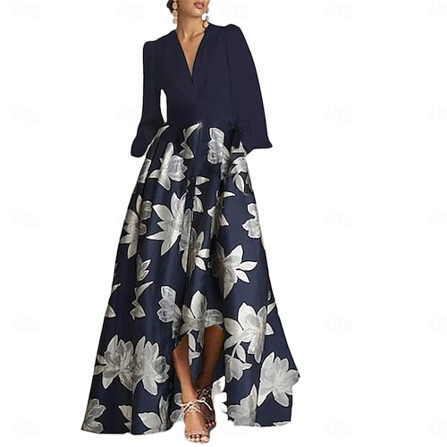 Robe mère de la mariée A-Line élégante vintage col en V longueur de sol en charmeuse manches longues avec ceinture  ruban robe invitée de mariage