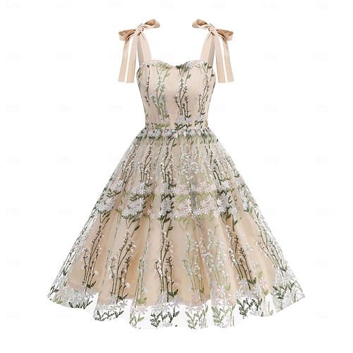 open lace back dress Zapaka Vintage Green Patchwork A-Line V Neck Knee Length Polyester Short Sleeve Swing Party Dress, Green / 2XL main image 0