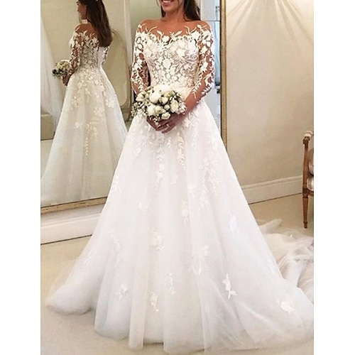 Vestidos de Noiva Vintage Formais de Praia Vestido de Baile Tubinho com Mangas Longas e Cauda de Capela em Renda com Botões e Apliques