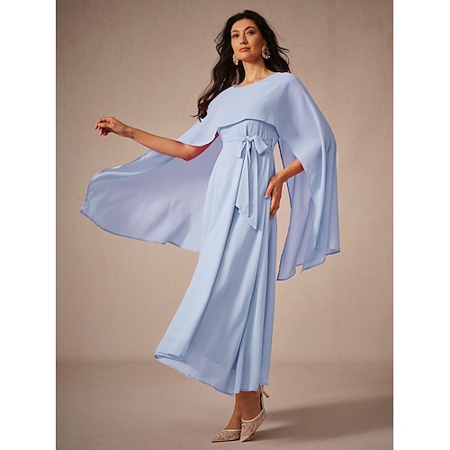  Damen Maxikleid A Linie Kleid Elegant Formell Party Hochzeitsgast Lässiger Schnitt Rundhalsausschnitt Eisblau Sommer