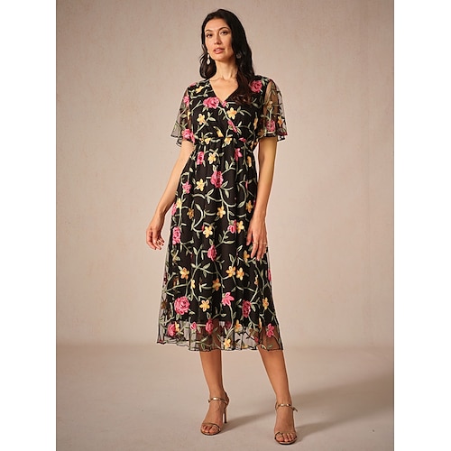  Damen Midikleid schwarzes kleid Elegant Stilvoll Party kleid hochzeitsgast Verabredung Lockere Passform Blumen Kurzarm V Ausschnitt Schwarz Sommer Frühling