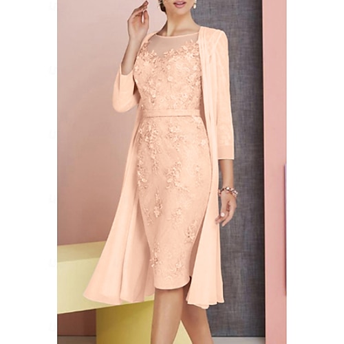 Robe de mère de la mariée plage deux pièces fourreau invitée de mariage église élégante vintage grande taille en chiffon à encolure bateau longueur genou manches 3/4 veste avec appliques