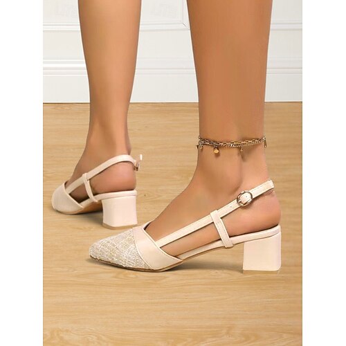 Beige Tweed-Slingback-Pumps mit Blockabsatz für Damen – elegante Freizeitschuhe für Verabredungen und Abende
