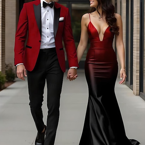  Trajes de fiesta para hombres Trajes de regreso a casa Trajes rojos uva moda formal de color sólido ajuste estándar de 2 piezas de un botón