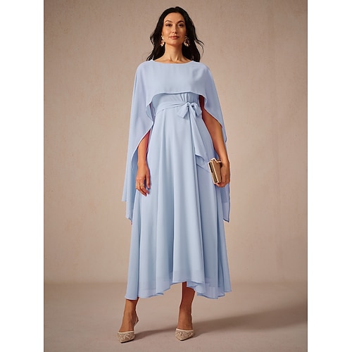  Damen Maxikleid A Linie Kleid Elegant Formell Party Hochzeitsgast Lässiger Schnitt Rundhalsausschnitt Eisblau Sommer