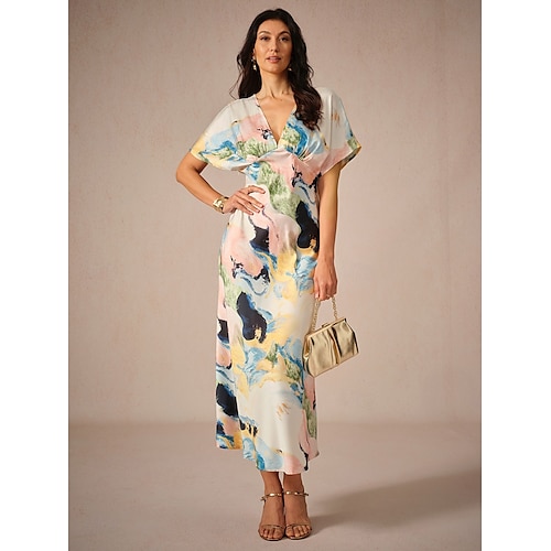 robe d'invité de mariage pour femme élégante robe maxi tie dye à manches courtes col en V imprimé coupe ample robe d'été blanche bleue violette quotidienne