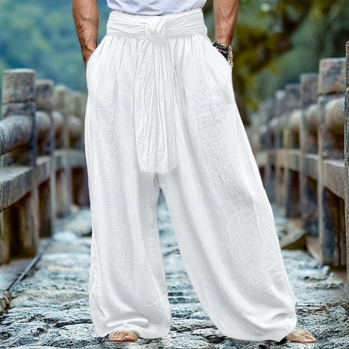  Per uomo Pantaloni di Lino Pantaloni Pantaloni Estivi Coulisse Elastico in vita Gamba larga Semplice Comodità Traspirante Lunghezza intera Casuale Quotidiano Ferie Moda Stile Classico Bianco Blu