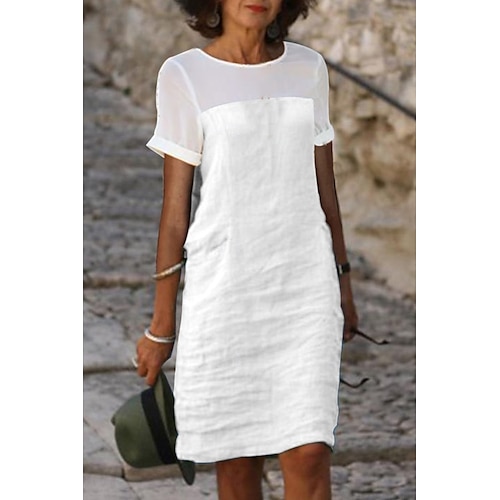 Femmes Mini Robe Robes inspirées du lin Robe en coton et lin Basique Extérieur Vacances Sortir Coupe régulière Uni Manche Courte Col ras du cou Blanche Rose Claire Gris Bleu clair Été