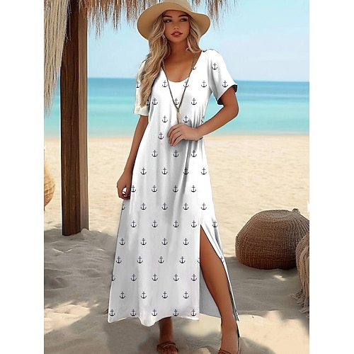  Damen Langes Kleid Maxikleid T-Shirt-Kleid Sommerkleid Shiftkleid Urlaub Tropisch Stilvoll Urlaub Party Ferien Normale Passform Geometrisch Gestreift Kurzarm Rundhalsausschnitt Weiß Rote Marineblau