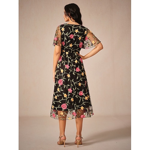  Damen Midikleid schwarzes kleid Elegant Stilvoll Party kleid hochzeitsgast Verabredung Lockere Passform Blumen Kurzarm V Ausschnitt Schwarz Sommer Frühling