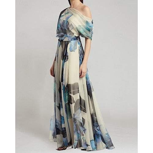 Robe de soirée en A élégante robe formelle de bal longueur au sol sans manches épaule dénudée chiffon avec imprimé floral robe invitée de mariage 2025