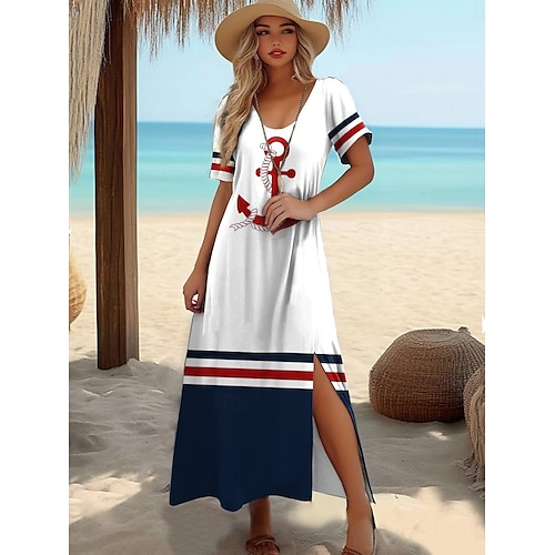  Damen Langes Kleid Maxikleid T-Shirt-Kleid Sommerkleid Shiftkleid Urlaub Tropisch Stilvoll Urlaub Party Ferien Normale Passform Geometrisch Gestreift Kurzarm Rundhalsausschnitt Weiß Rote Marineblau