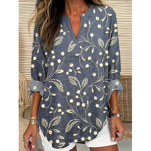  Chemise en coton et lin pour femmes floral hawaïenne basique décontractée manches longues col en V tops réguliers impression quotidienne rose rouge bleu marine bleu violet été printemps