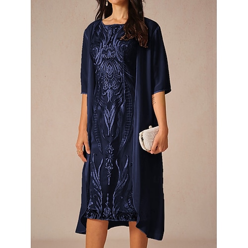  Dam Chiffong toppar Ensfärgat Elegant Stylish Halvlång ärm Asymmetrisk Långa toppar Marinblå Sommar Vår