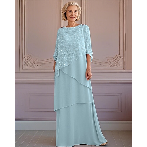Robe A-Line Mère de la Mariée Bleu Vert à Niveaux Dentelle Élégante Vintage Col Bijou Longueur Cheville Dentelle Manches Mi-Longues avec Broderie à Sequins