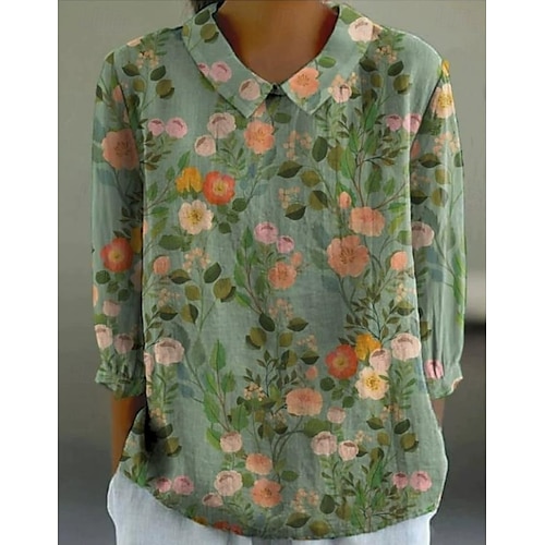  Femmes Chemise Fleuri Bohème Quotidien Élégant manche longue Col de chemise Hauts Réguliers Quotidien Boutons Imprimé Rose Claire Bleu Orange Vert Kaki Été Printemps