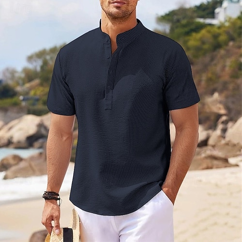  Per uomo Camicia Camicia popover Camicia Estiva Camicia casual Camicia da Spiaggia Camicia con Bottoni Nero Bianco Rosa Blu marino Blu Manica Corta Colore Solido / Tinta Unita Colletto alla coreana