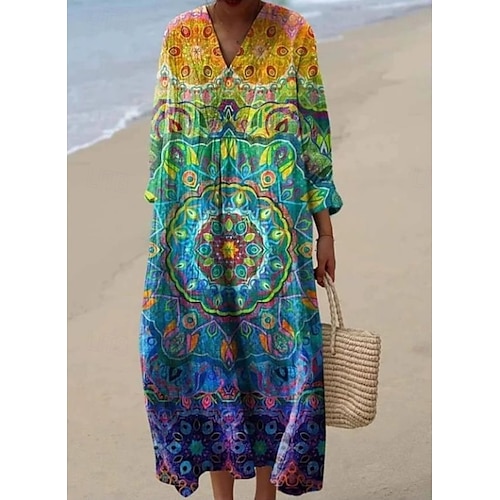  Femmes Robe Midi Robe d'Été Robe trapèze Vacances Occasionnel Boho Sortir Plage Graphique manche longue Col en V Jaune Rose Claire Bleu Marron Été Printemps