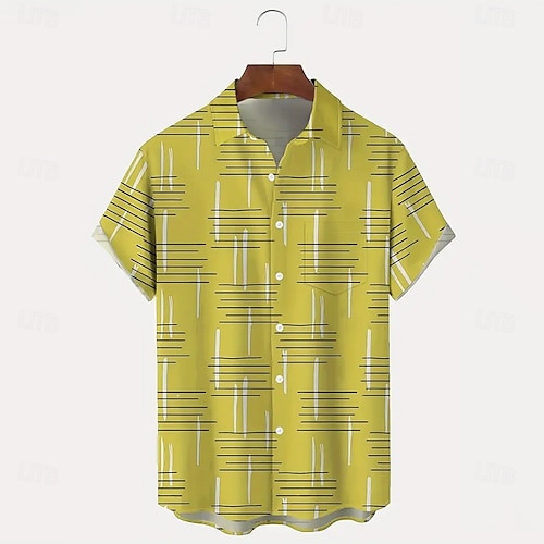  Herren Geometrisch Linie Hemd Freizeithemd Knopfhemd Kurzarm Modisch lässig Urlaub Ferien Streetwear Sommer Umlegekragen 3D-Druck Hemden mit Kragen Eine Tasche vorne Gelb Blau