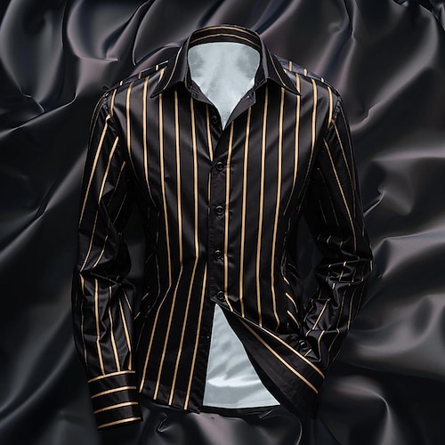 

Men's Shirt Satin Shirt Casual Shirt Striped Shirt Button Up Shirt Striped Wedding Vacation Black Navy Blue Green Long Sleeve Collar Spring & Fall Clothing Apparel