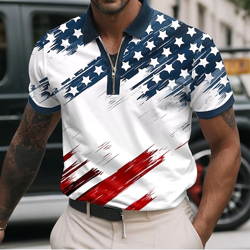 

Men's American US Flag Zip Polo Shirts Short Sleeve Polo Shirts Collared Shirts Casual Athleisure Daily Wear 3D Print Red Navy Blue Sky Blue