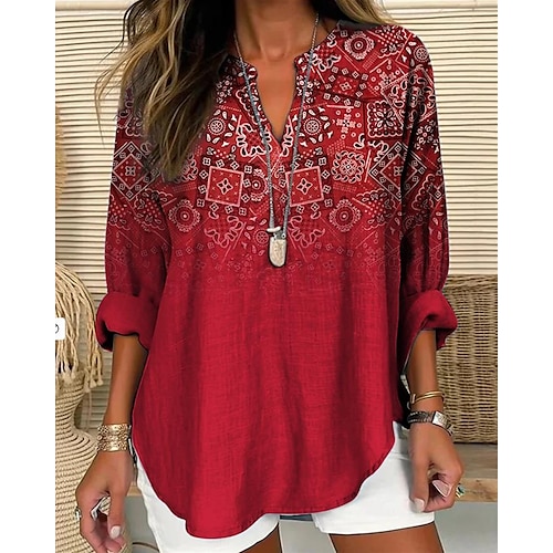 

Women's Shirt Cotton Linen Shirt Blouse Floral Hawaiian Basic Casual Long Sleeve V Neck Regular Tops Daily Holiday Buttons Print Pink Red Navy Blue Blue Purple Summer Spring