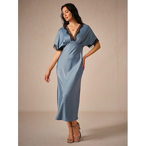 Femme Robe Maxi Robe Fourreau Elégant mode Mariage Soirée du quotidien Ample Couleur unie Manche Courte Col V Bleu Eté  Femme Robe Maxi Robe Fourreau Elégant mode Mariage Soirée du quotidien Ample Couleur unie Manche Courte Col V Bleu Eté