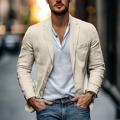 Herren Leichte Jacke Blazerjacke Formell Büro Mode Täglich Frühling & Sommer Baumwolle und Leinen Einfarbig Bequem Einreihig Blazer Hellgrün Marineblau Braun Beige