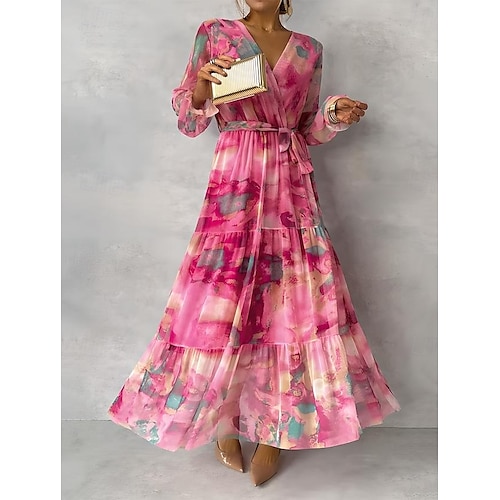  Women's Long Dress Maxi Dress Chiffon Dress A Line Dress Elegant Formal Party Wedding Guest Daily Regular Fit Floral Long Sleeve V Neck Fuchsia Summer