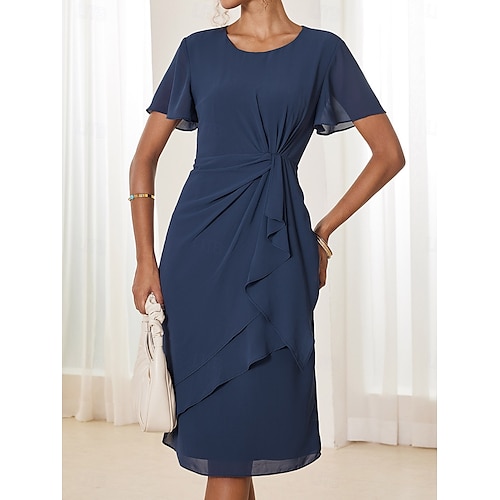  Robe à Plusieurs Couches Femme Robe mi-longue Noeud torsadé robe demoiselle d honneur Soirée Cocktail Elégant Grande occasion Col Ras du Cou Manche Courte Standard Bleu de minuit S M L XL XXL