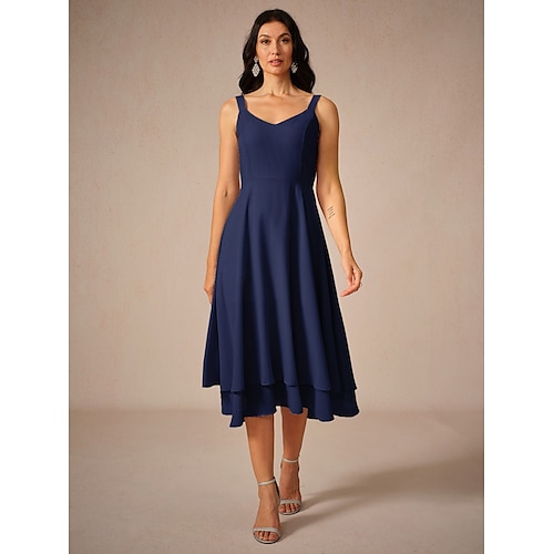  Damen Midikleid Chiffon-Kleid Elegant Fließend kleid hochzeitsgast Verabredung Regular Fit Feste Farbe Ärmellos Quadratischer Ausschnitt Marineblau Sommer