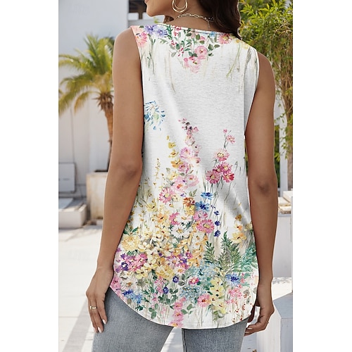  Γυναικεία Καμισόλ Tank Top Φλοράλ Γραφική Στυλάτο Καθημερινό Αμάνικο Τετράγωνη Λαιμόκοψη Κανονικά μπλουζάκια Καθημερινά Αργίες Σουρωτά Στάμπα Λευκό Καλοκαίρι Άνοιξη
