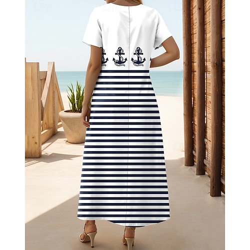  Damen Langes Kleid Maxikleid T-Shirt-Kleid Sommerkleid Shiftkleid Urlaub Tropisch Stilvoll Urlaub Party Ferien Normale Passform Geometrisch Gestreift Kurzarm Rundhalsausschnitt Weiß Rote Marineblau
