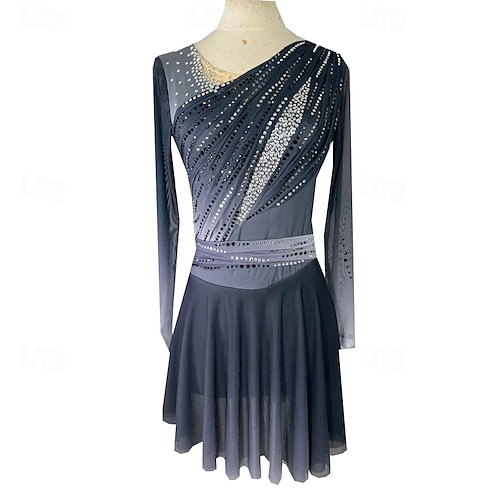 slim fit dress slacks Figure Skating Dress Women's Girls' Ice Skating Dress Grey Patchwork Thumbhole Mesh Spandex Stretchy Training Practice Professional Skating Wear, main image 1