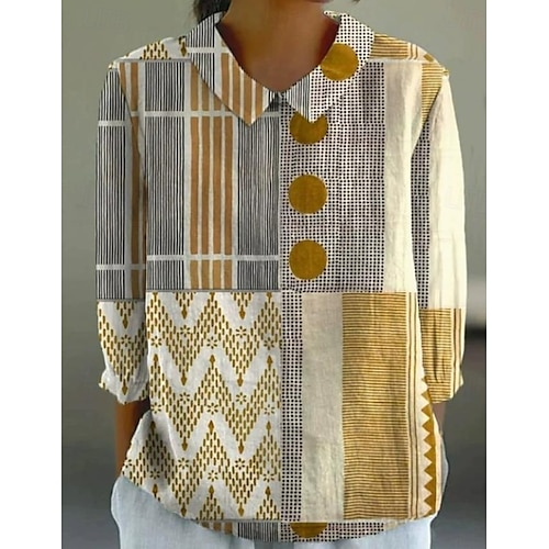  Femmes Chemise Géométrique Bohème Quotidien Élégant manche longue Col de chemise Hauts Réguliers Quotidien Boutons Imprimé Noir Jaune Rouge Bleu Beige Été Printemps