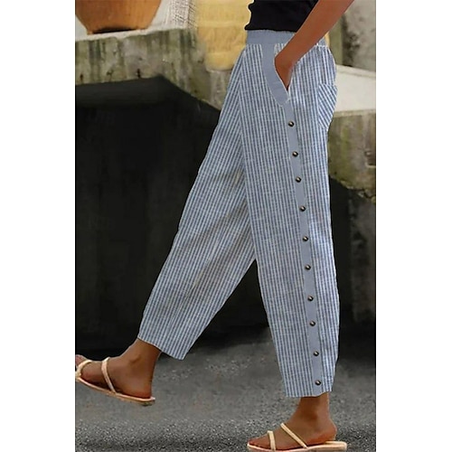 Femmes Pantalon en coton et lin Slacks Pantalons Classique Occasionnel Longueur complète Naturel Rayé Avec Poches Respirabilité Doux Confortable Micro-Élastique Rue Tenue quotidienne Bleu ciel clair