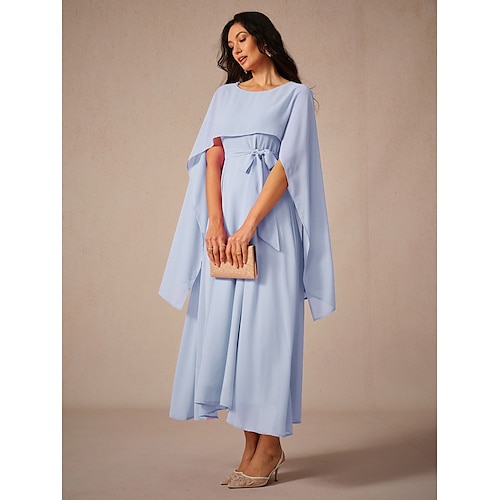  Damen Maxikleid A Linie Kleid Elegant Formell Party Hochzeitsgast Lässiger Schnitt Rundhalsausschnitt Eisblau Sommer