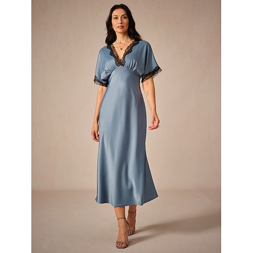 Femme Robe Maxi Robe Fourreau Elégant mode Mariage Soirée du quotidien Ample Couleur unie Manche Courte Col V Bleu Eté  Femme Robe Maxi Robe Fourreau Elégant mode Mariage Soirée du quotidien Ample Couleur unie Manche Courte Col V Bleu Eté