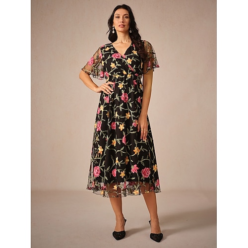  Damen Midikleid schwarzes kleid Elegant Stilvoll Party kleid hochzeitsgast Verabredung Lockere Passform Blumen Kurzarm V Ausschnitt Schwarz Sommer Frühling