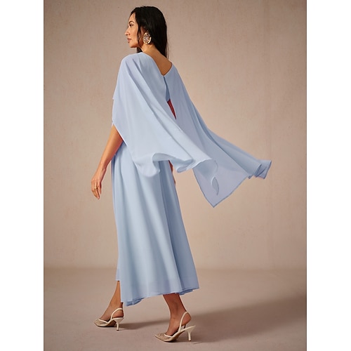  Damen Maxikleid A Linie Kleid Elegant Formell Party Hochzeitsgast Lässiger Schnitt Rundhalsausschnitt Eisblau Sommer