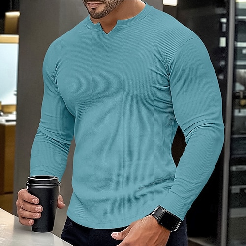 Men's T Shirt Muscle Shirt Ribbed Knit tee Tee Top Long Sleeve V Neck  Summer Plain Pit Strip Fashion Designer Basic Knitting Vacation Street  Going out