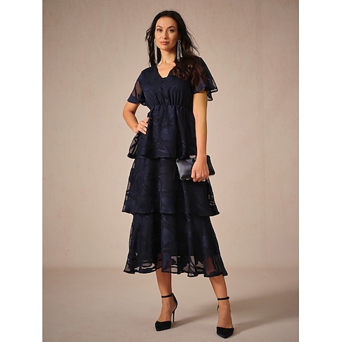  Damen Maxidress A Linie Kleid Elegant Ausgefallene Flattrige Ärmel kleid hochzeitsgast Cocktailparty Regular Fit Glatt Kurzarm V Ausschnitt Dunkelblau Sommer