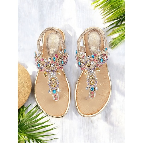 sandali bassi con strass dorati da donna – eleganti sandali bohémien con cinturino a T per l'estate, le vacanze al mare e le uscite casual