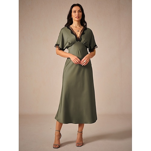  Dames Maxi-jurk Schede jurk Elegant Stijlvol Bruiloft Feest Dagelijks Normale pasvorm Effen Kleur Korte mouw V-hals Olijf Zomer
