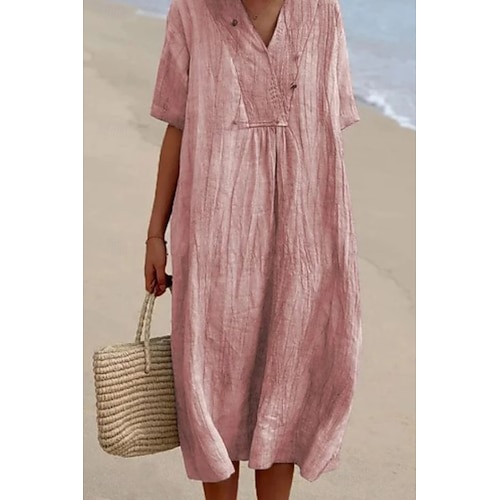 Femmes Robe Midi Robes en coton et lin Robe en coton et lin Mode Classique Moderne Vacances Quotidien Fête Coupe régulière Uni Manche Courte Col en V Vert Claire Rose Claire Bleu Vert Été