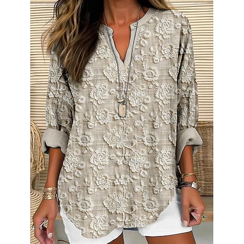  Chemise en coton et lin pour femmes floral hawaïenne basique décontractée manches longues col en V tops réguliers impression quotidienne rose rouge bleu marine bleu violet été printemps