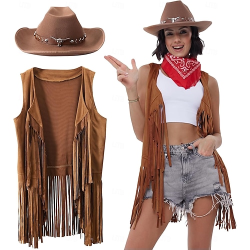 Punvot Costume hippie pour femme, tenue des années 90 et 80, frange