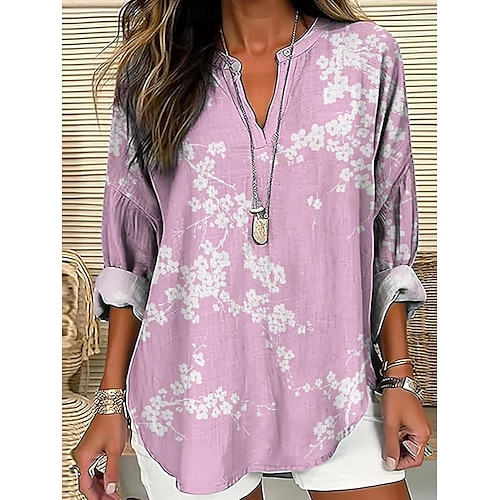  Femmes Chemise Fleuri Graphique ancien Tropical Hawaïen manche longue Col en V Hauts Réguliers Quotidien Fête Tenue de plage Imprimé Rose Claire bleu marine Bleu Vert Kaki Été Printemps